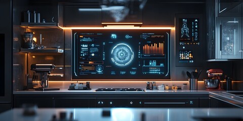 Obraz premium Futuristic smart home control panel of home appliances, sleek and modern digital interfaces perfect to create product designs or as part of smart home technology advertisements to attract consumers.