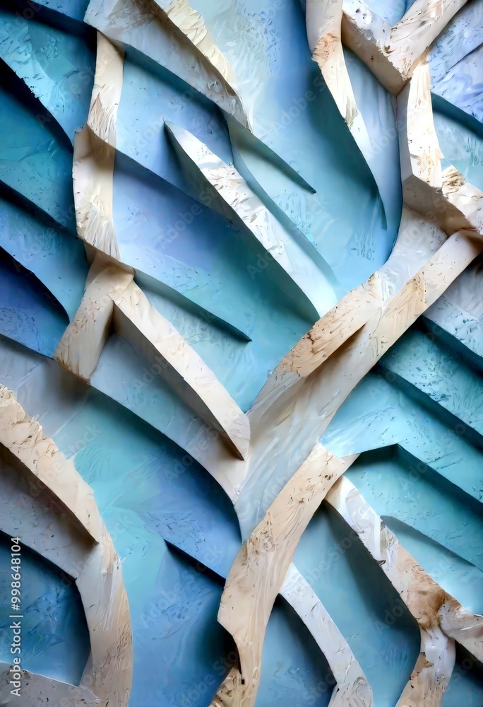 Aufkleber a close-up view sculptural installation featuring a complex arrangement of intersecting lines and curves in various shades of blue and white