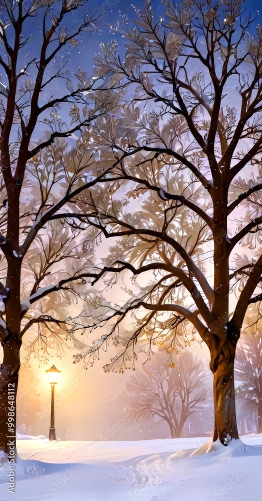 Poster a serene winter scene with a glowing street lamp casting a warm light on snow-covered trees and a mi