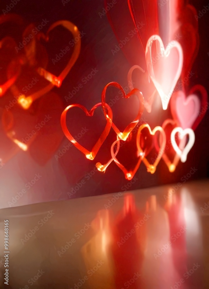 Poster a series of heart-shaped lights in various shades of red and pink, creating a warm and romantic atmo