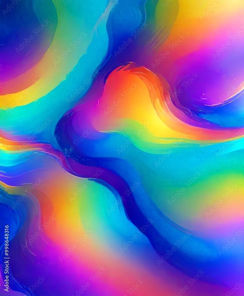 Poster a vibrant abstract pattern with a rainbow-like gradient of colors, including blue, orange, yellow, g