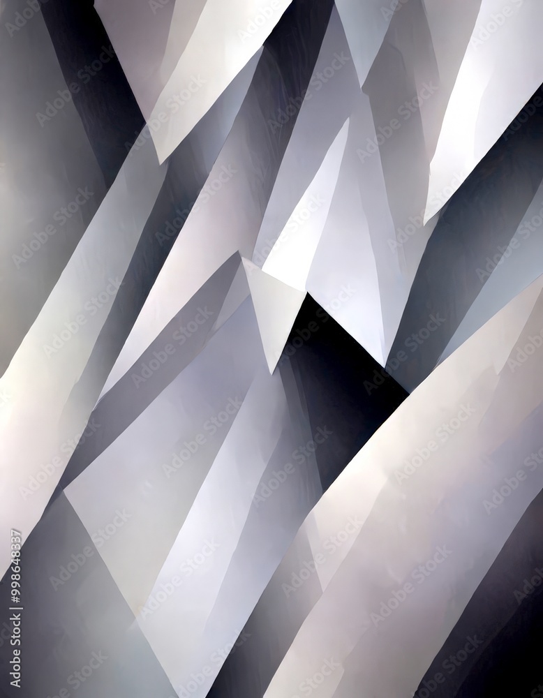 Poster a complex, abstract pattern of intersecting lines and shapes in shades of gray and black, creating a visually striking and dynamic composition