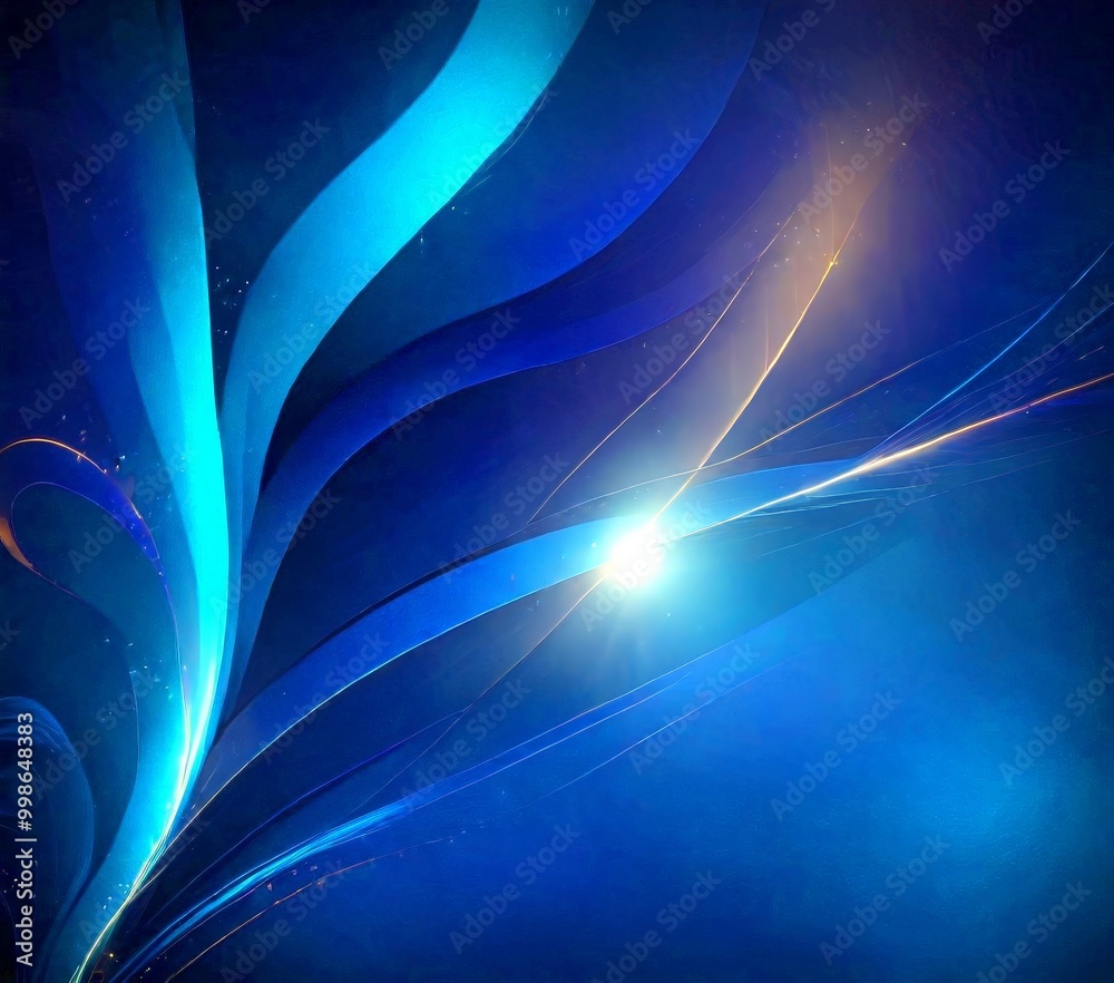 Poster a striking abstract composition of blue and orange lines and shapes, with a bright light source at the center, creating a sense of depth and movement