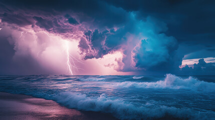 dramatic lightning storm illuminates ocean waters, creating stunning contrast between dark clouds and vibrant colors. waves crash against shore, enhancing intense atmosphere