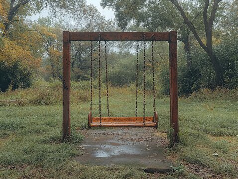 Weathered Playground Equipment with Corroded Metal Swing Set Surrounded by Overgrown Grass and Trees