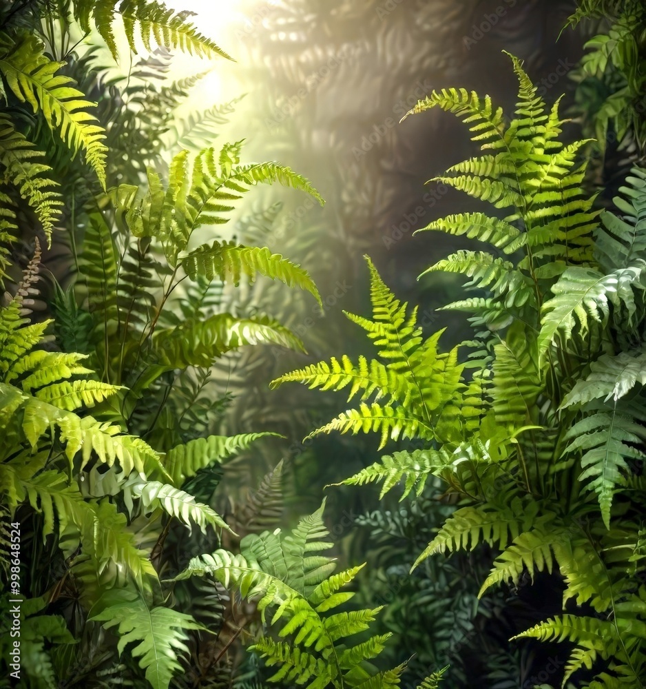 Poster a dense, lush forest with a variety of ferns and other green foliage, creating a sense of depth and 