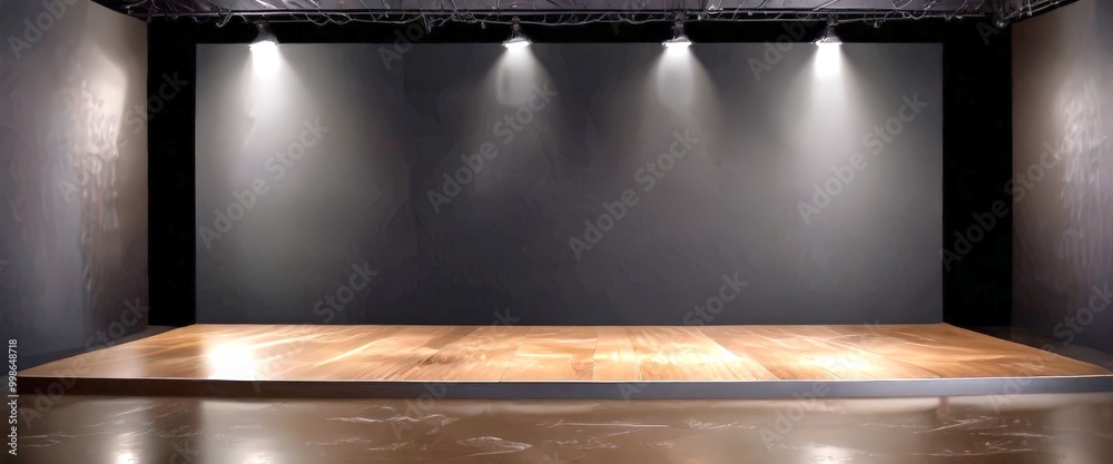 Aufkleber an empty stage with a wooden floor and a dark gray wall, illuminated by three spotlights