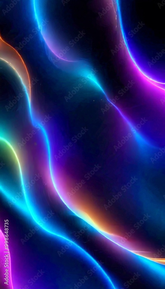 Poster a vibrant abstract pattern of curved lines and swirls in various shades of blue, purple, and orange, creating a dynamic and visually striking composition