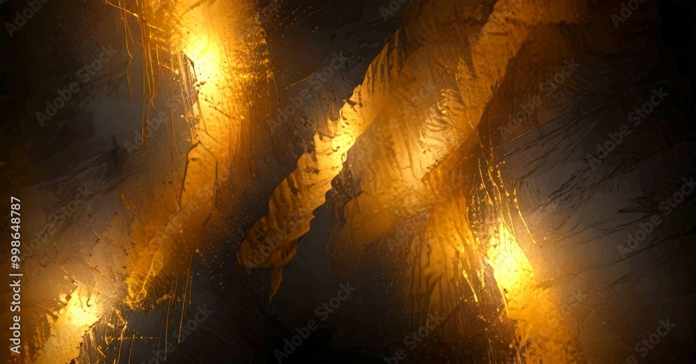 Poster a digital artwork featuring abstract patterns and textures in shades of gold and black, creating a sense of depth and movement