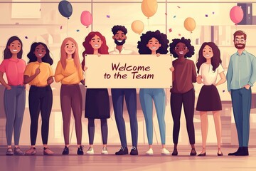 Diverse group of people holding "Welcome to the Team" sign, symbolizing inclusivity and team spirit. Corporate culture concept