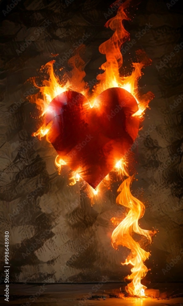 Aufkleber a red heart-shaped object is engulfed in flames, with a fiery trail extending from the heart towards