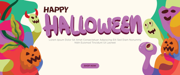 happy halloween banner concept. abstract geometric liquid form. monster halloween with hand drawn banner template vector illustration.