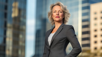 Fototapeta premium A middle-aged Caucasian woman in a tailored charcoal grey suit stands outdoors, her professional demeanor matched by the blurred cityscape of high-rise business buildings behind he