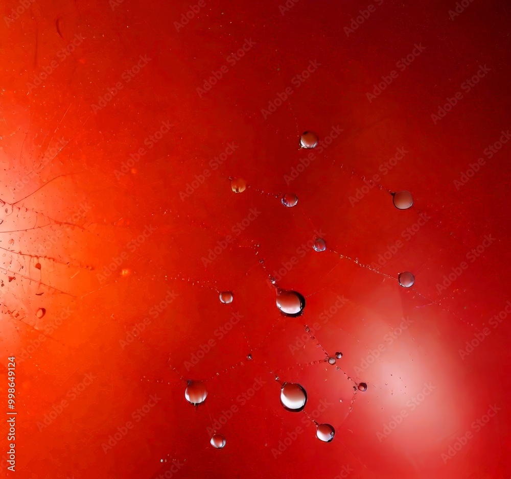 Poster Water droplets on a spider web, creating a pattern against a red background