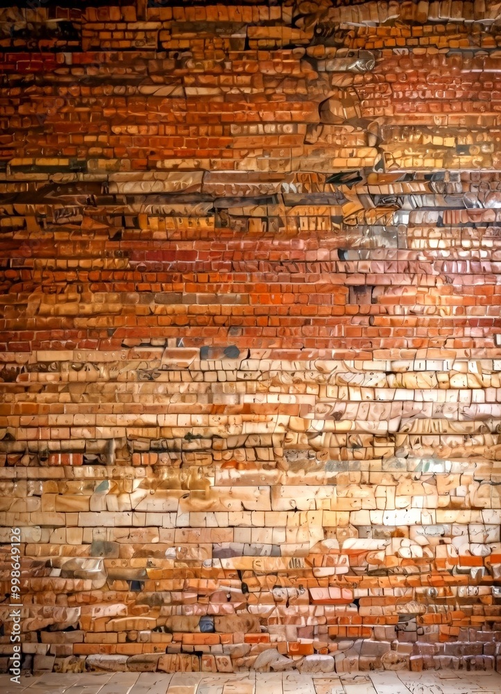 Aufkleber a close-up view brick wall, with the bricks arranged in a staggered pattern and displaying a range of colors from red to brown