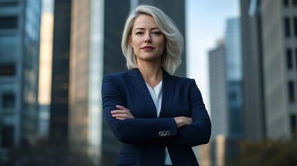 The portrait of a seasoned businesswoman, sharply dressed in a navy suit, standing outdoors with her arms crossed, the blurred backdrop of towering skyscrapers symbolizing her prof