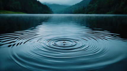 serene view of raindrops hitting surface of calm lake, creating ripples that spread across water. tranquil atmosphere evokes sense of peace and reflection
