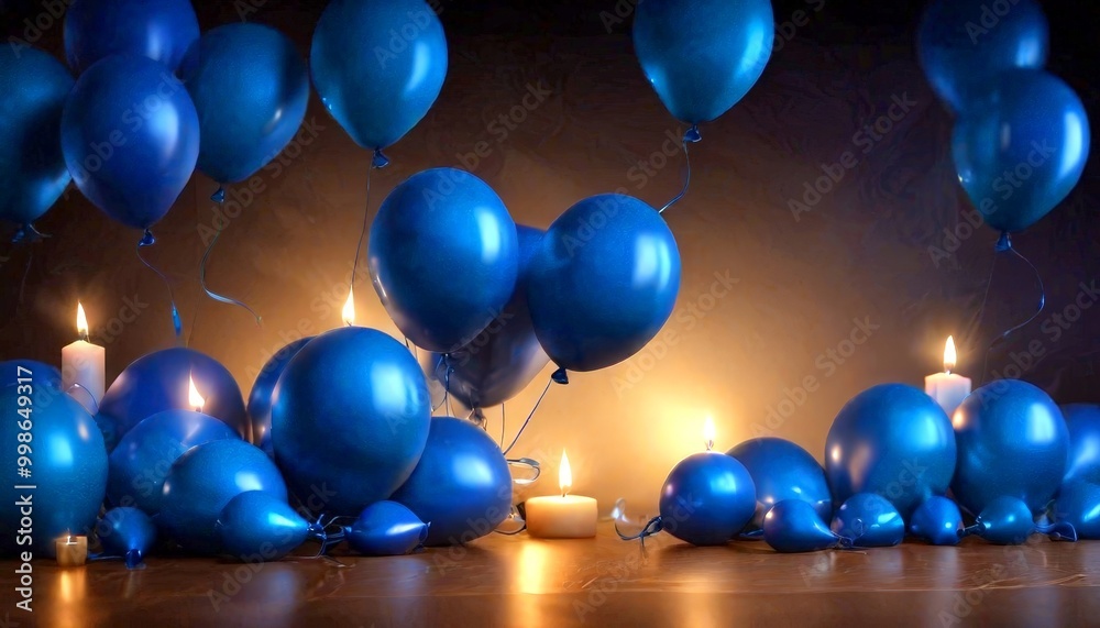 Poster a collection of blue balloons and lit candles arranged on a wooden surface, creating a festive and c