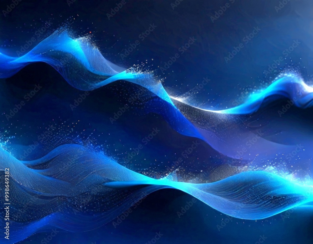 Poster a digital illustration wave-like pattern with a dark blue background and a subtle gradient of blue and white The wave-like pattern is composed of small, interconnected