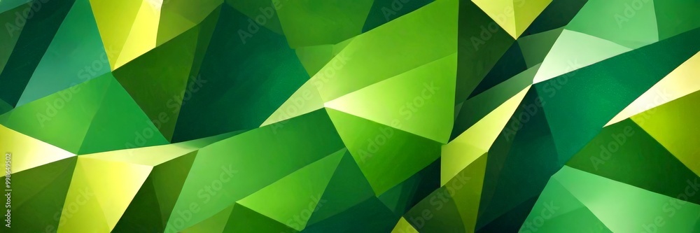Poster a vibrant abstract composition of overlapping triangular shapes in various shades of green and yellow, creating a dynamic and visually striking pattern