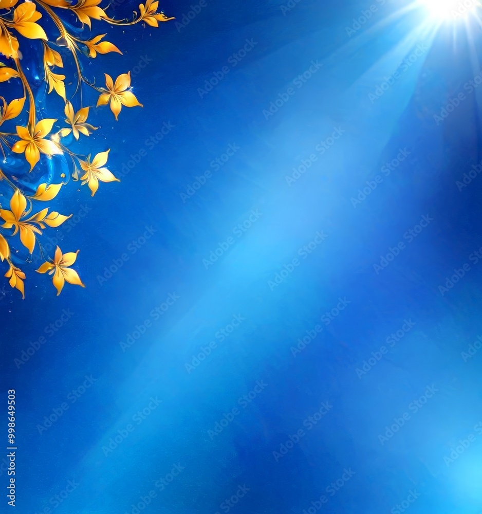 Poster a vibrant blue background with a diagonal line running through it, flanked by golden leaves and flow