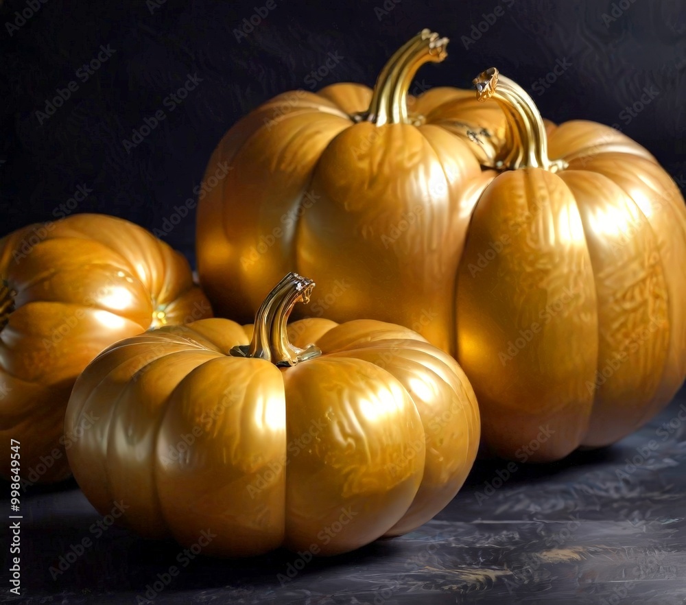Poster Three golden pumpkins with pointed ends sit on a dark surface, creating a visually striking contrast