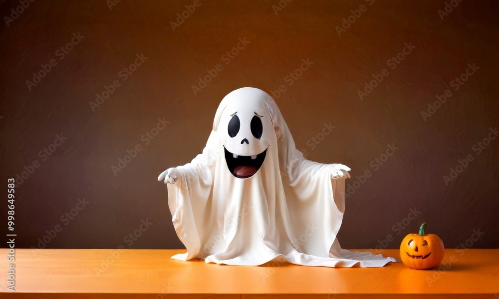 Poster a white ghost with a smiling face and a small pumpkin beside it, set against a brown background