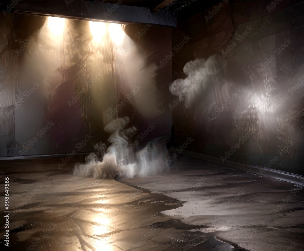 Poster a dark room with a large, ethereal cloud of smoke or vapor rising from the floor, creating an atmosp