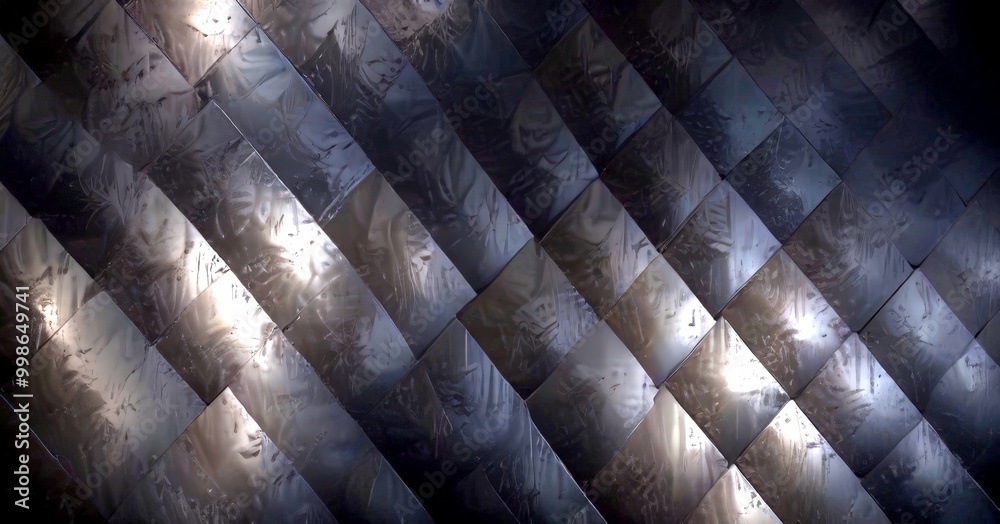 Poster a close-up view dark, textured surface composed of numerous small square tiles arranged in a diagonal pattern The tiles have a reflective, metallic sheen, and the