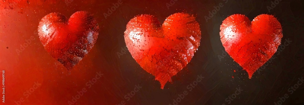 Poster Three red heart-shaped objects with water droplets are arranged in a row against a dark red background