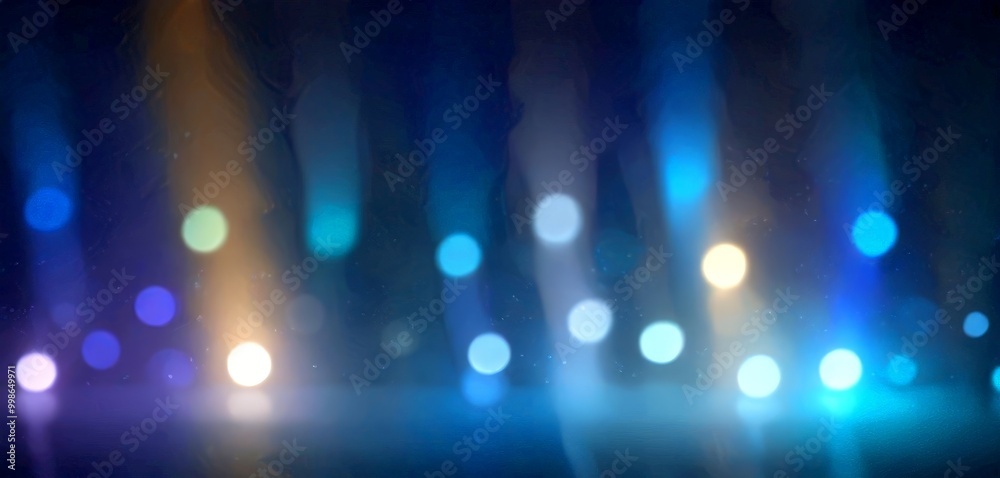 Poster a dark background with a gradient of blue, purple, and orange lights, creating a visually striking and dynamic scene