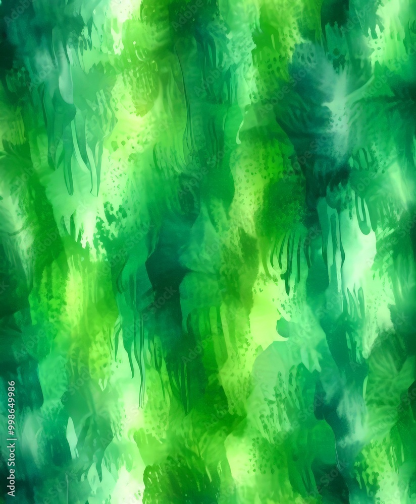 Poster a vibrant abstract pattern with a mix of green and blue hues, resembling a lush, tropical environment The pattern is composed of overlapping brushstrokes and splatters,