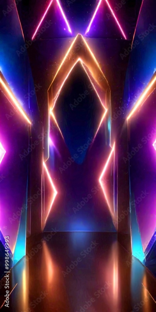 Poster a futuristic, neon-lit corridor with a geometric pattern of intersecting lines and a central archway The corridor is illuminated by a mix of purple, blue,