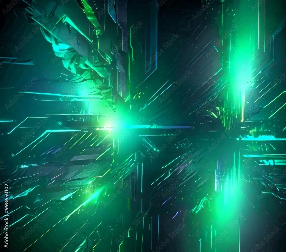 Poster a digital illustration featuring a complex network of intersecting lines and glowing green and blue lights, creating a sense of depth and movement