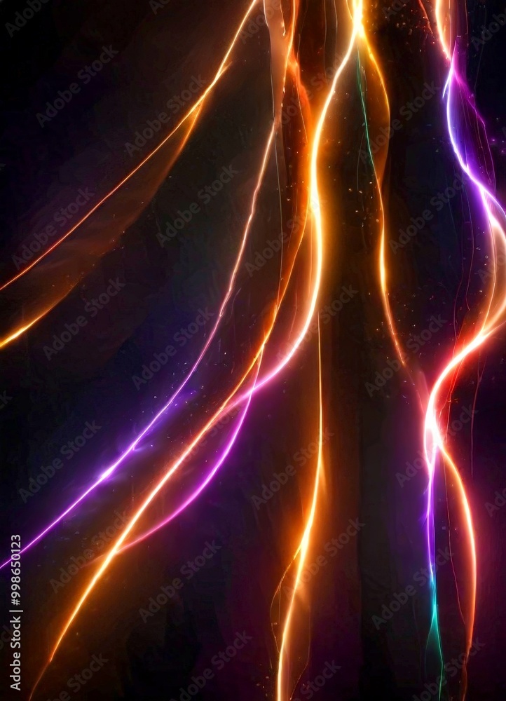 Poster a dynamic and abstract representation of colorful, glowing lines and streaks against a dark background, creating a sense of movement and energy