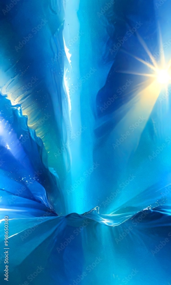 Poster a digital art piece featuring a vibrant blue and yellow abstract background with a sunburst effect, creating a dynamic and energetic composition