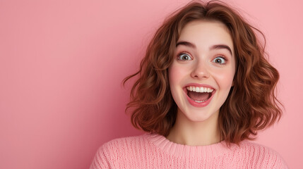 Naklejka premium A young woman with a joyful smile, her eyes lit with excitement, standing against a pastel pink background, radiating happiness and positivity.