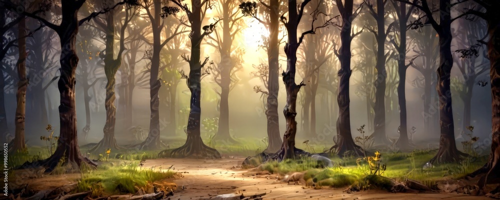 Poster a serene forest scene with tall trees, a winding dirt path, and a soft glow of light filtering throu