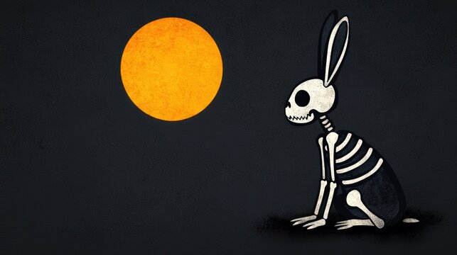 Skeleton rabbit sitting under a large sun on a dark background.