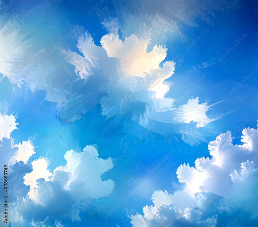 Poster a serene sky with fluffy white clouds scattered across a vast expanse of blue The clouds appear to be in a state of constant motion, creating a dynamic and captivating scene