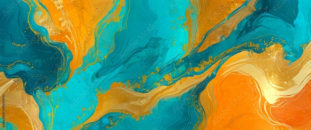 Poster an abstract painting with swirling patterns of blue, orange, and gold colors, creating a dynamic and visually striking composition