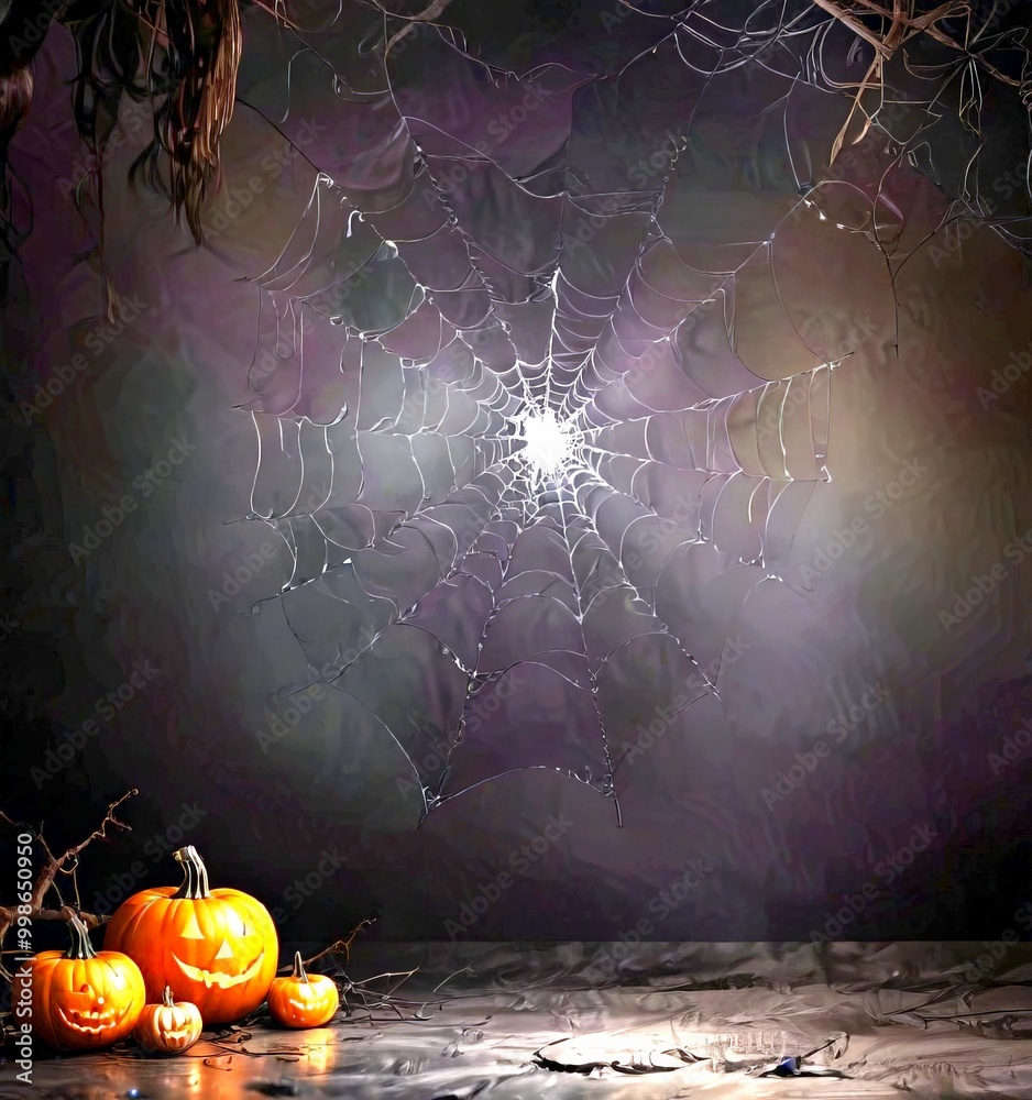 Poster a halloween-themed featuring a spider web with a jack-o-lantern and three smaller pumpkins on a dark