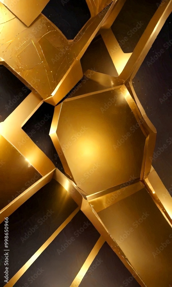 Poster a complex arrangement of golden geometric shapes, including hexagons, octagons, and triangles, set against a dark background The shapes are arranged in a way that creates a