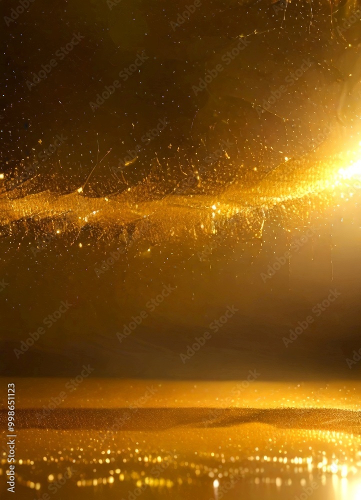Poster a serene, golden landscape with a calm body of water reflecting the radiant light, creating a mesmer