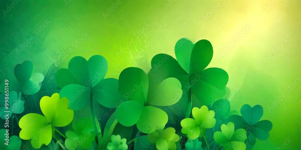 Leinwandbilder a vibrant green background with a cluster of stylized four-leaf clovers in various shades of green, 