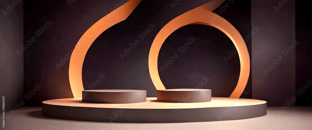Poster a minimalist stage with two gray platforms, set against a dark background with a curved orange arch 
