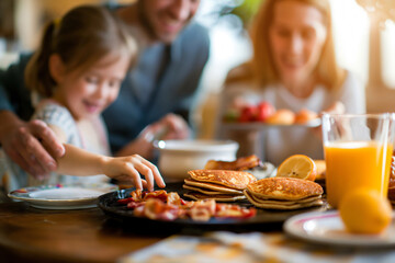 Cheerful family having breakfast together on a sunny morning, enjoying pancakes, bacon and orange juice