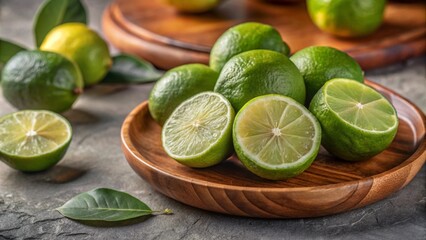 Green limes with half slice and green leaves isolated on background, fresh citrus summer fruit and...