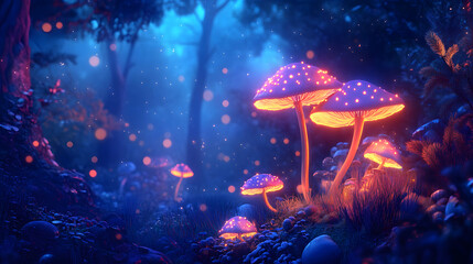 Cartoon Fantasy Forest And Glowing Mushrooms