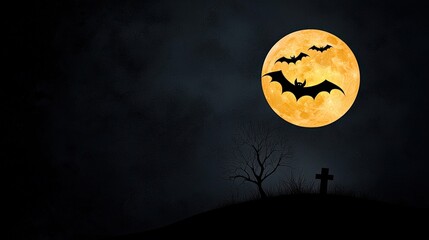 Spooky Halloween scene with a full moon, bats, and a graveyard silhouette.